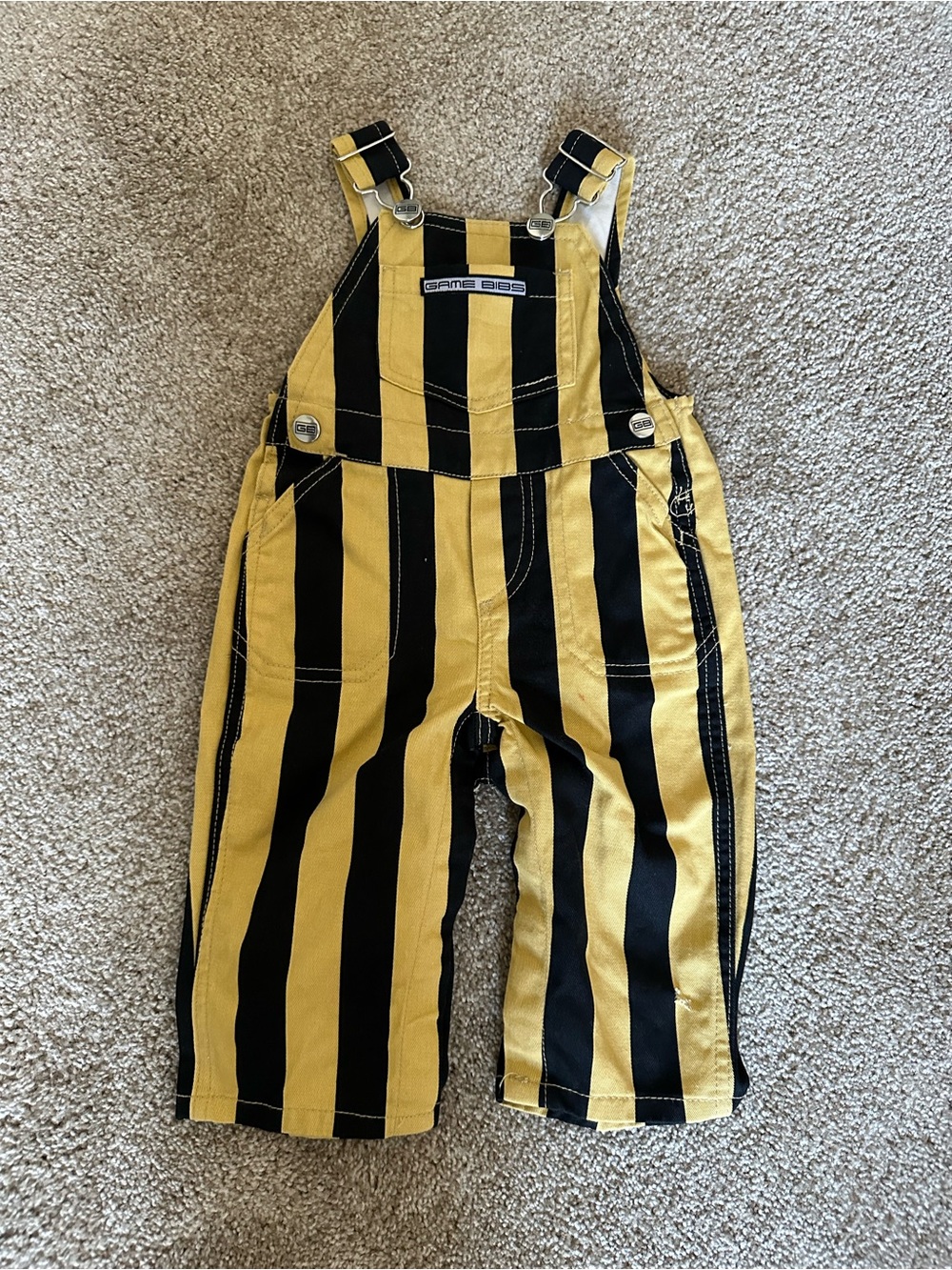 6-12 mo Gold & Black Striped Overalls Game Bibs